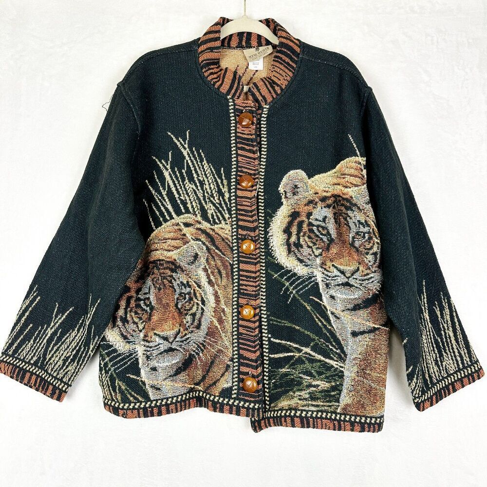 Scene Weaver Vintage Tiger Tapestry Cardigan Jacket Size Large XL Cotton USA